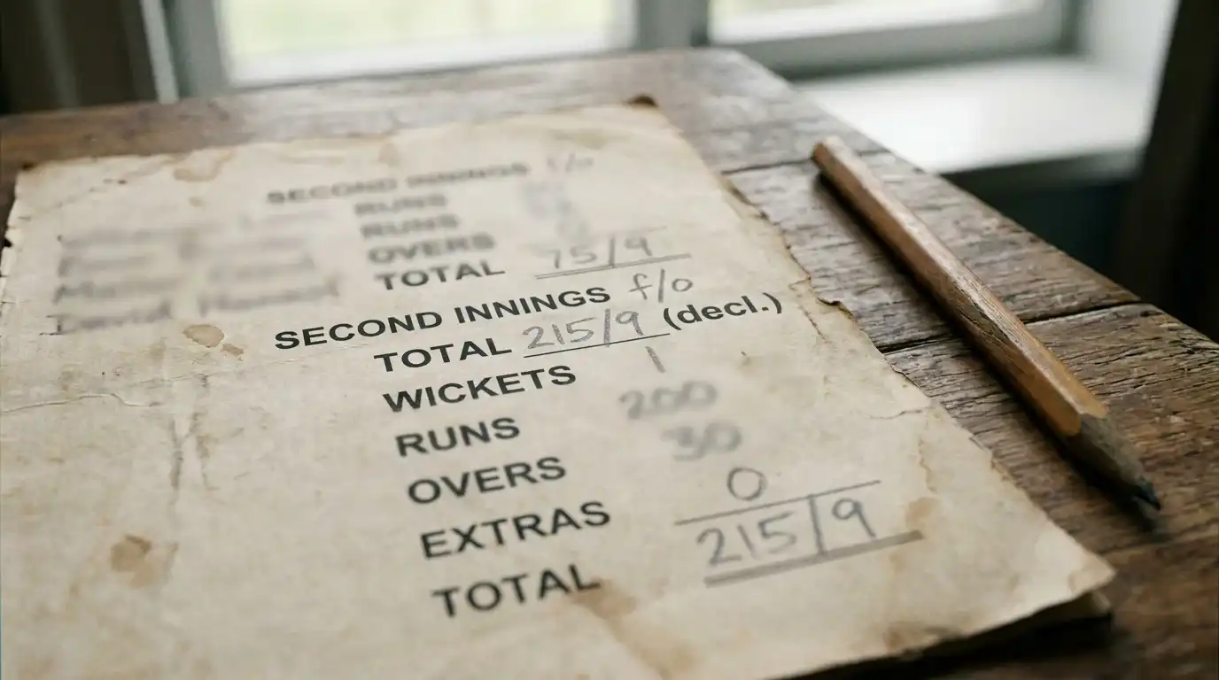 Cricket scorecard close-up showing the f/o follow-on notation next to a team's second-innings total