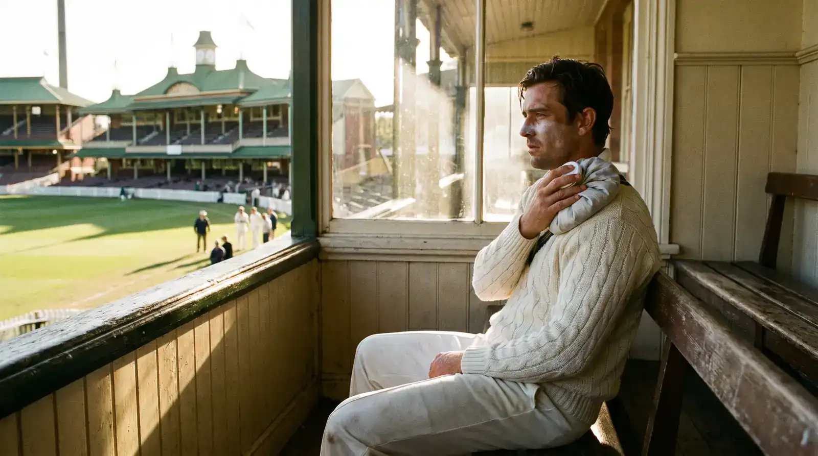 Test cricket fast bowler sitting on the pavilion balcony with ice on his shoulder after a long bowling spell