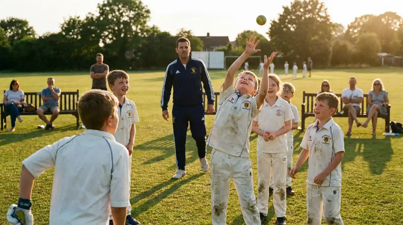 Group of young children at a Dynamos cricket session catching a soft ball with coach demonstrating technique