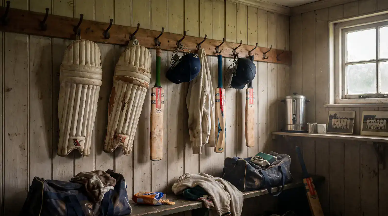 Worn cricket equipment hanging in a small English club pavilion changing room including pads bats and helmets