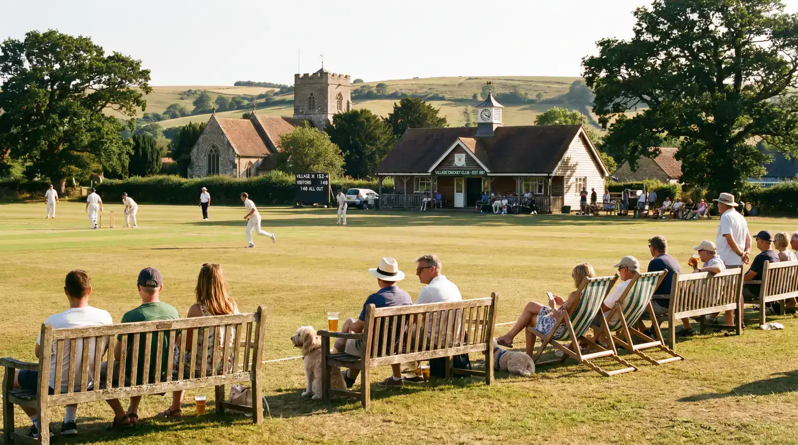 Club cricket match in progress on a Saturday afternoon at an English village ground with friends watching on benches