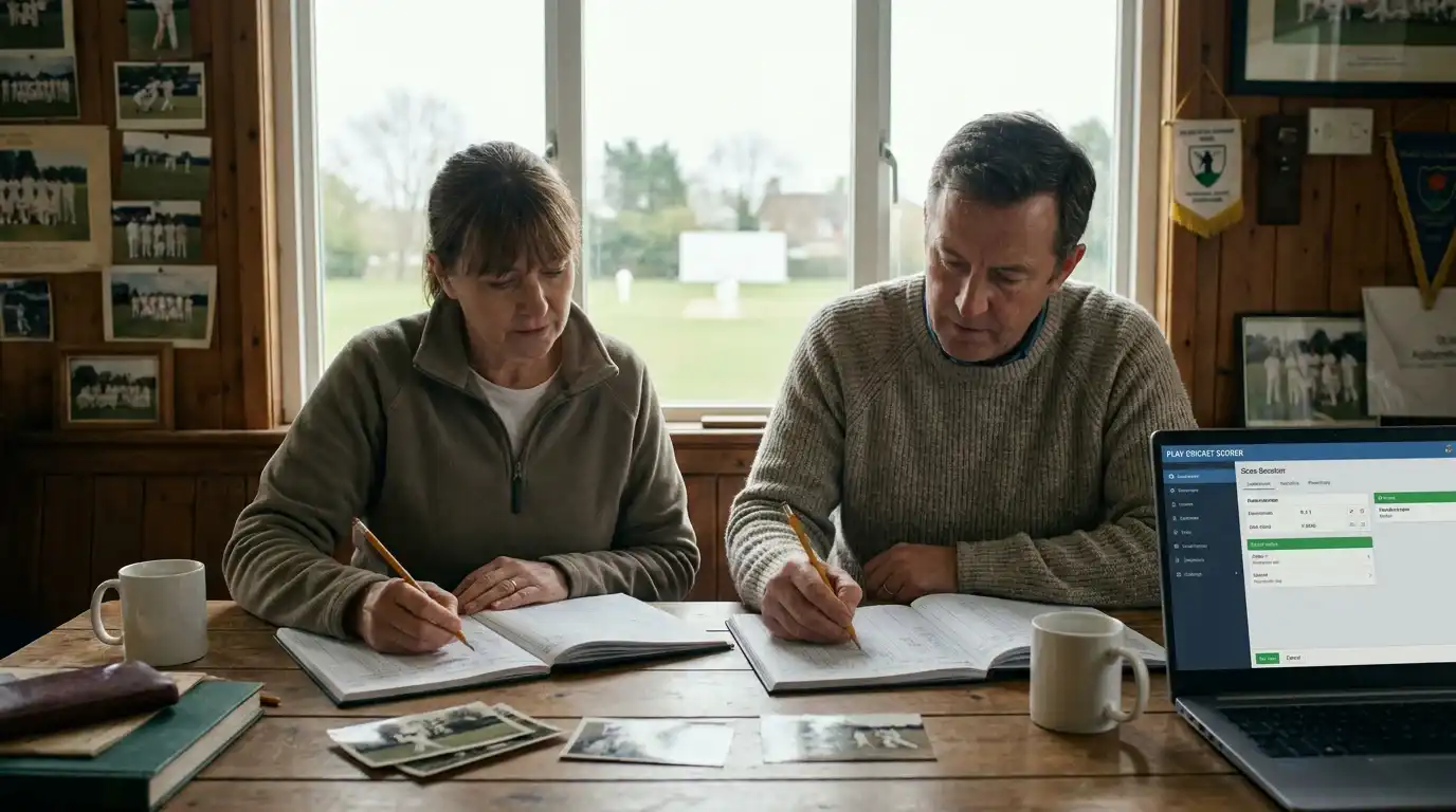 Two club cricket scorers working in paper scorebooks side by side in a small English pavilion during a Saturday match