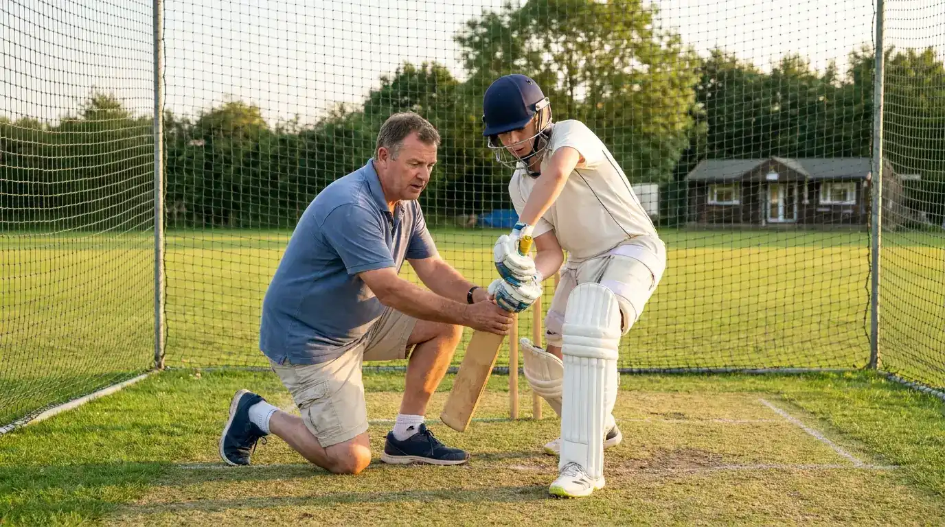 Cricket coach teaching a young teenager the forward defensive shot in a net at a local English club