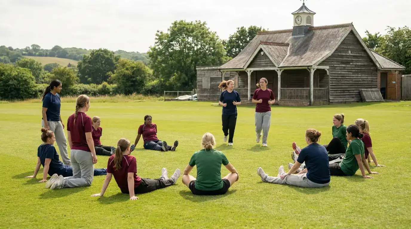 Women's club cricket team in coloured kit warming up together at a local English ground before a Saturday afternoon fixture