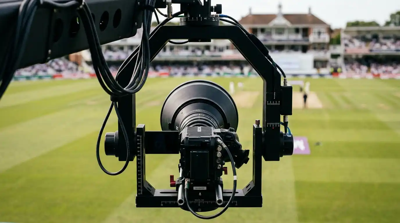 High-speed broadcast camera positioned on the cricket ground gantry tracking ball flight