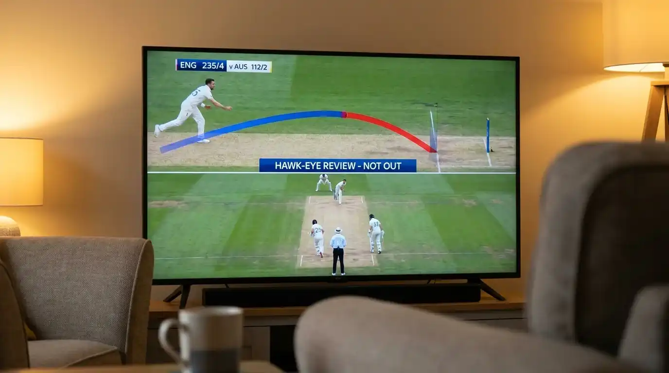 Television screen at home showing a Hawk-Eye decision graphic with a coloured trajectory line ending near the stumps during a Test match broadcast