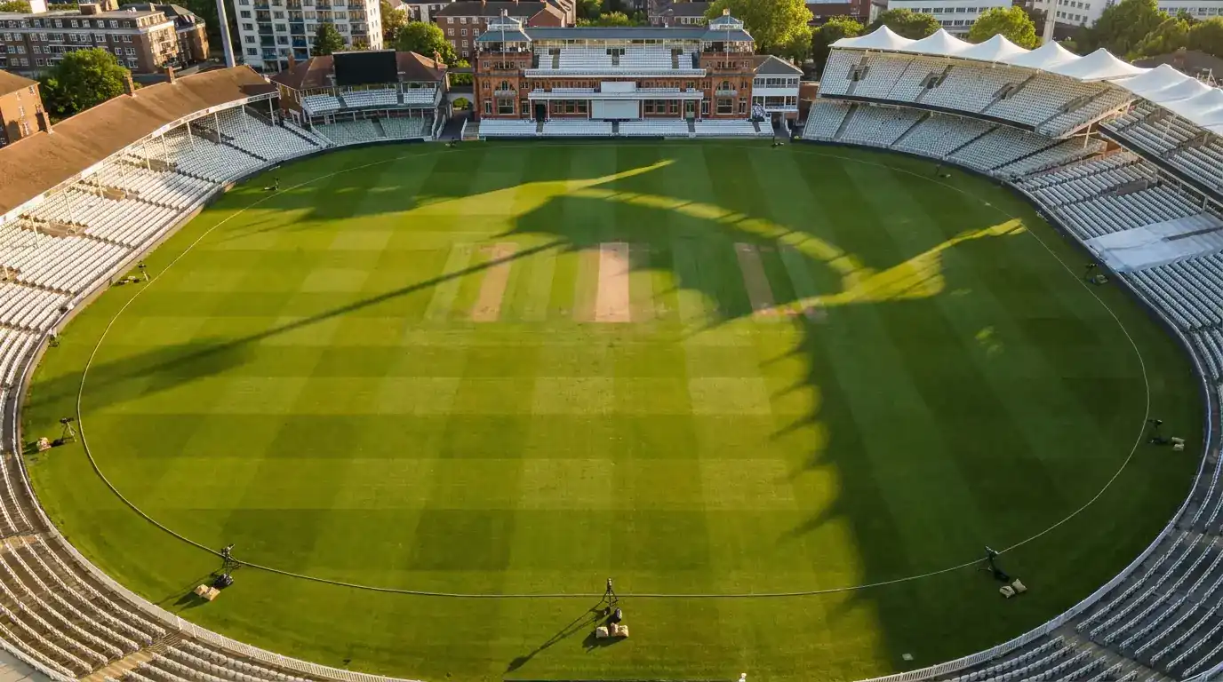 Six-camera Hawk-Eye installation overview at an English cricket ground showing camera positions around the boundary