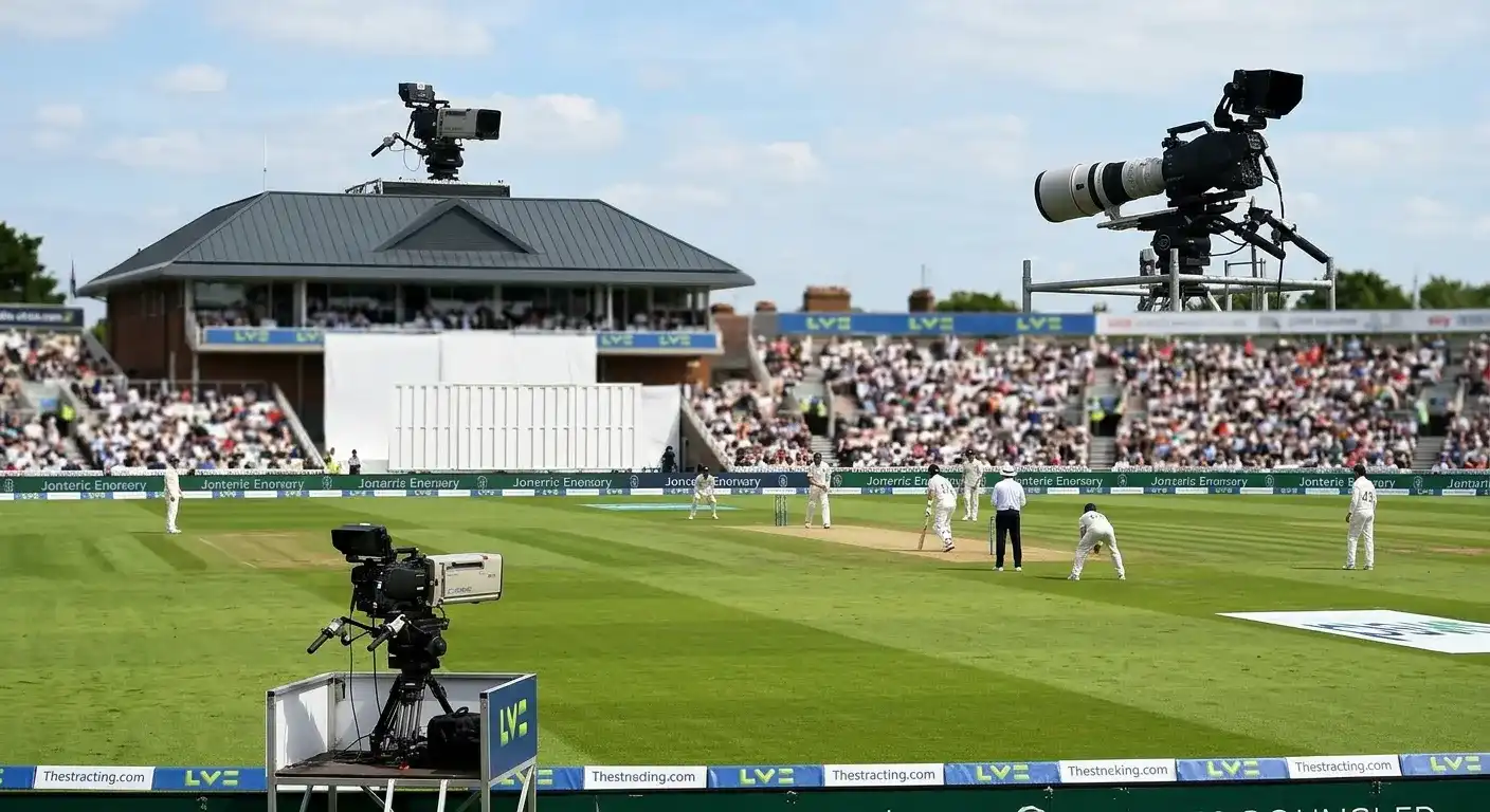 Multiple broadcast cameras mounted around a cricket ground at different heights tracking a delivery from various angles