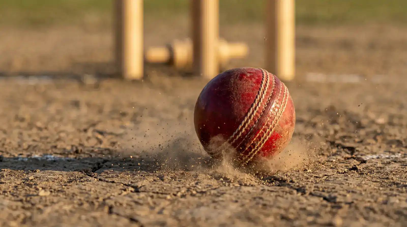 Close-up of a cricket ball just after pitching with a small puff of dust where it has struck the pitch surface
