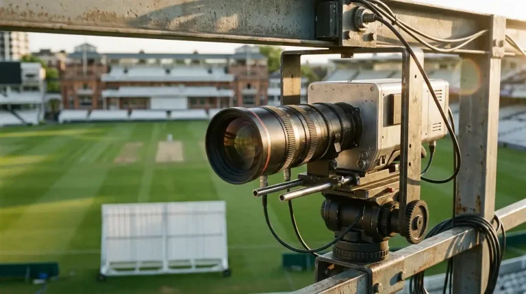 Broadcast Hawk-Eye camera mounted on a gantry overlooking the playing area at an English Test cricket ground
