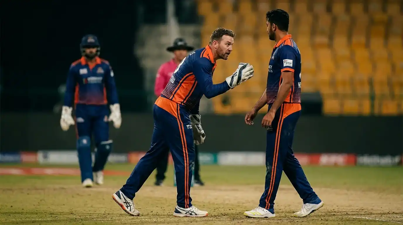 Female cricket captain instructing a male bowler about his remaining balls in a Hundred match