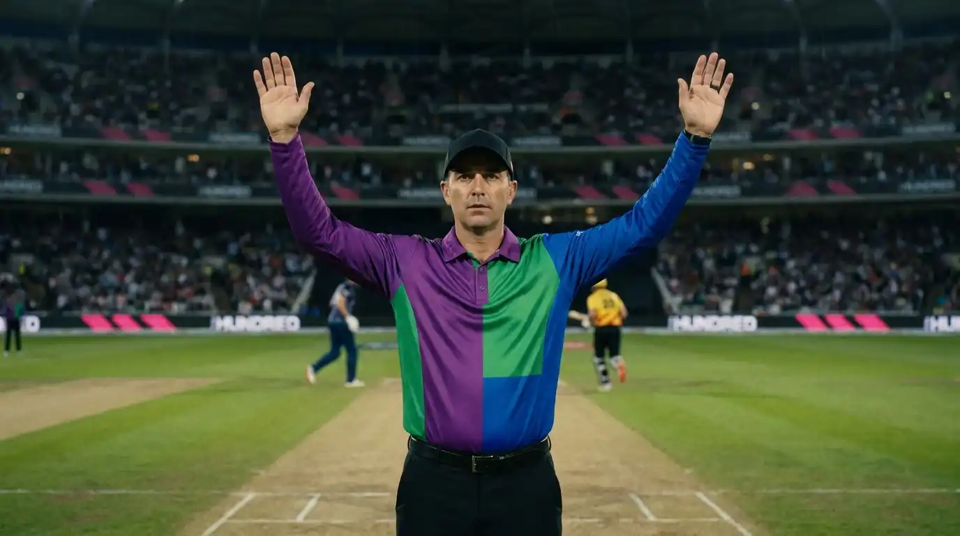 On-field umpire signalling the change of ends after ten balls during a Hundred match