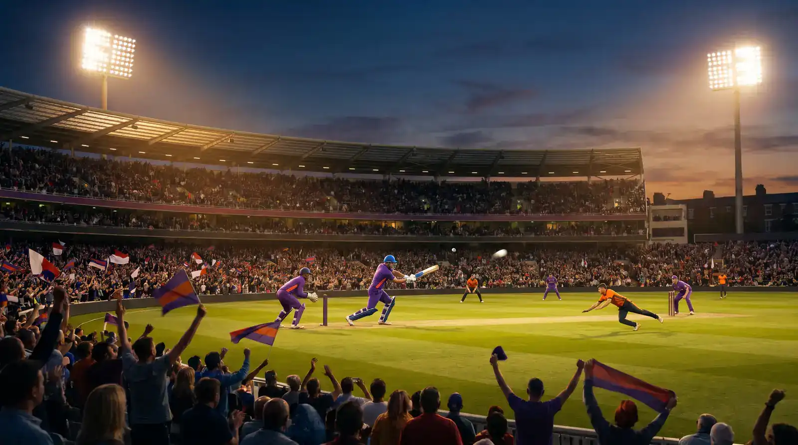 Evening floodlit Hundred match with full crowd at a major English ground