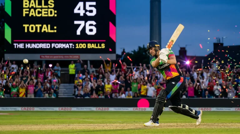 The Hundred match at an English ground with the scoreboard displaying the 100-ball innings count and a batter playing through the leg side