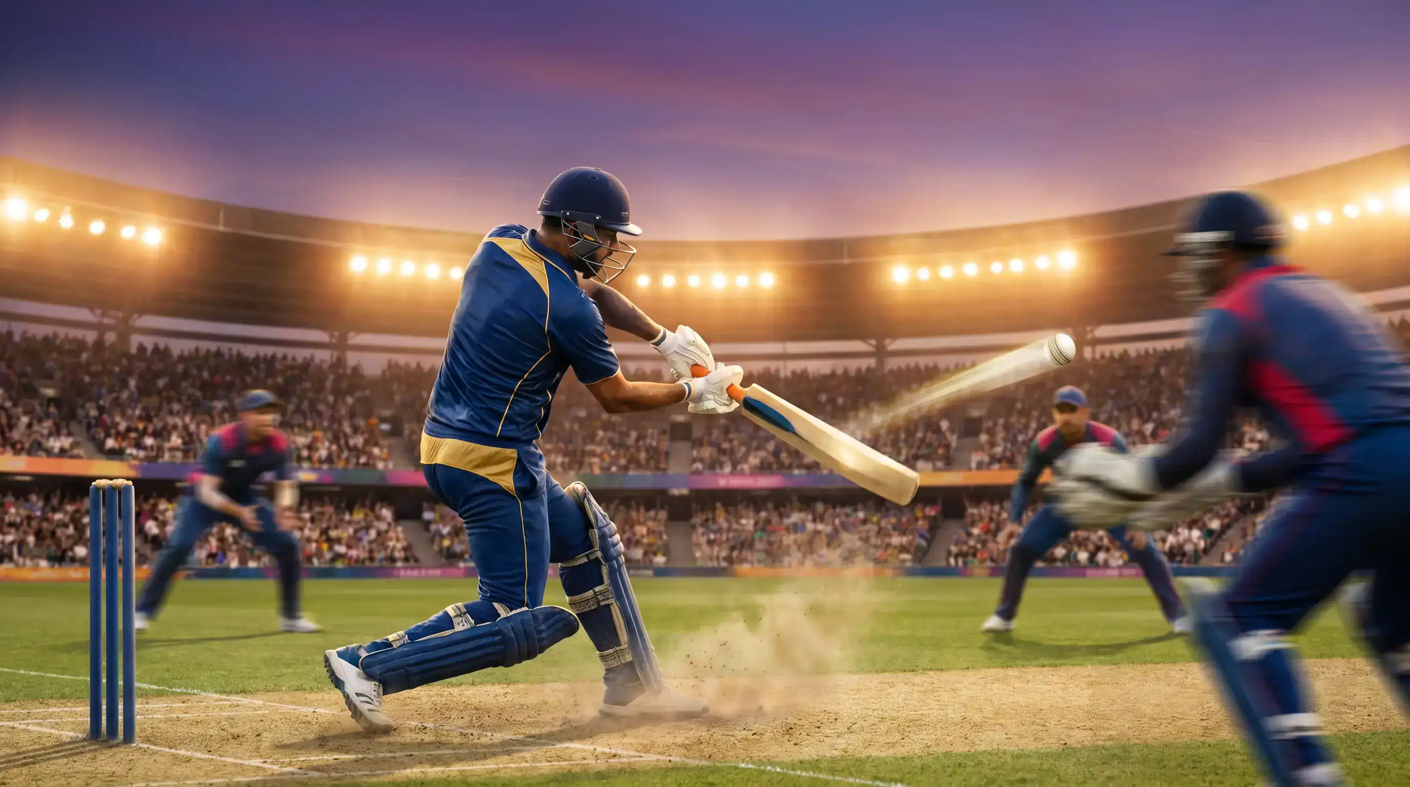 The Hundred match action under evening floodlights with batter playing through the off side