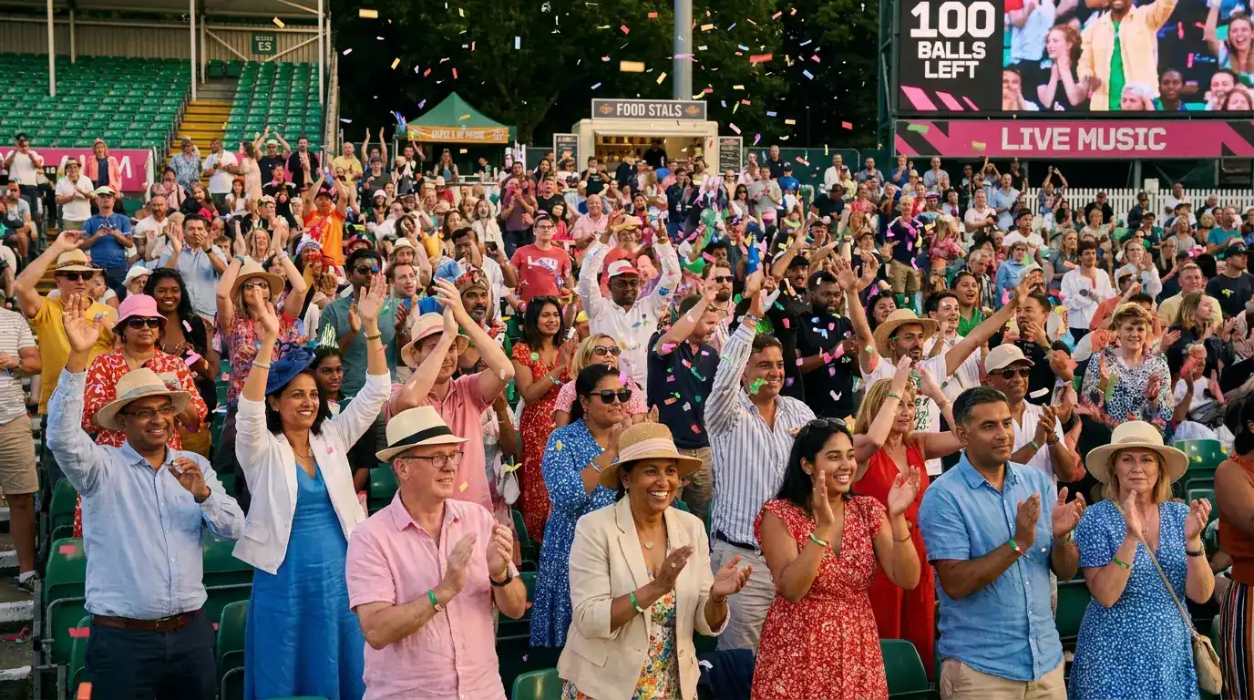 Hundred match crowd dancing in the stands during the music between five-ball sets at an English ground