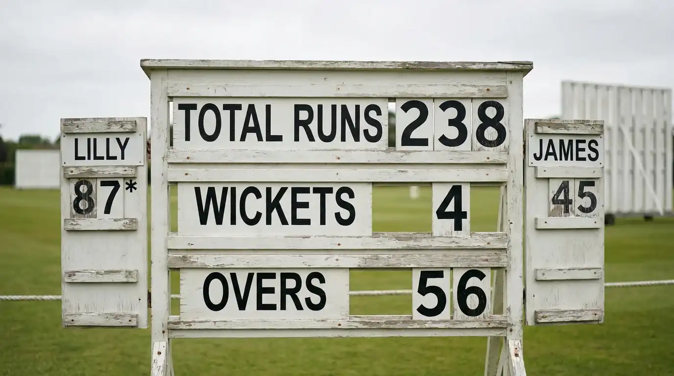 Close-up of a digital cricket scoreboard at an English county ground showing runs, wickets and overs