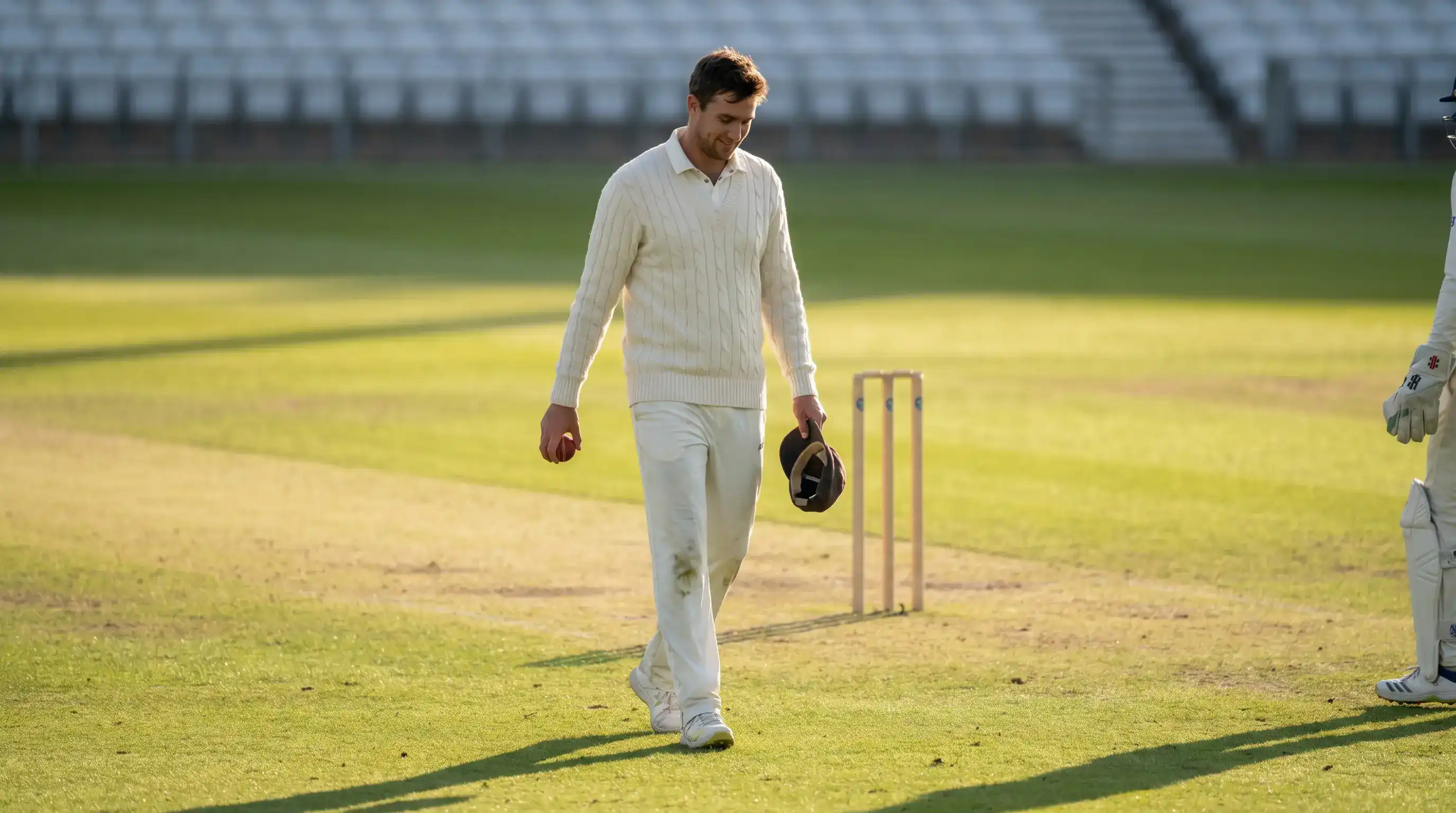 Cricket bowler walking back to his mark at the end of a maiden over with a satisfied expression