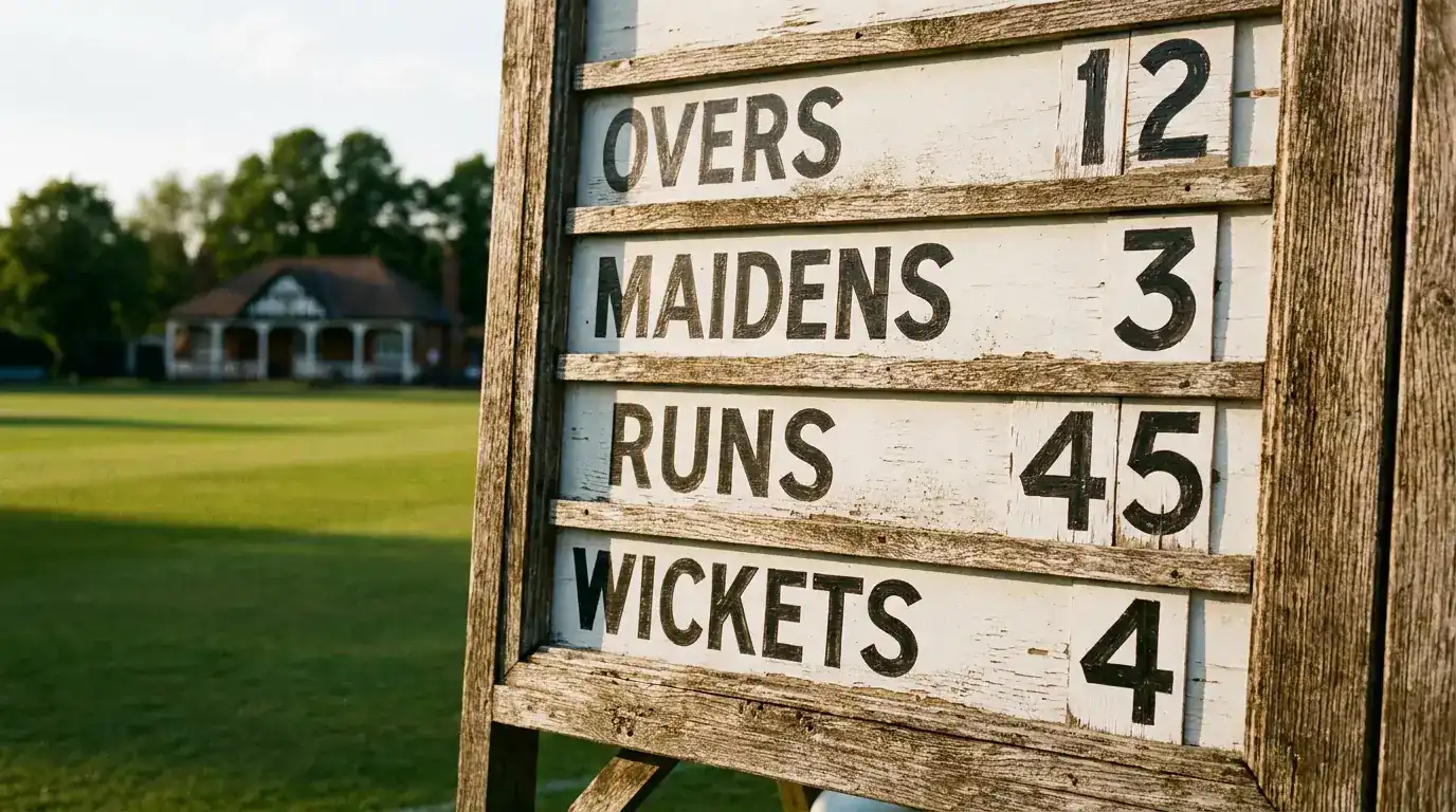 Close-up of a cricket scoreboard showing bowling figures with the maidens column clearly visible alongside overs runs and wickets