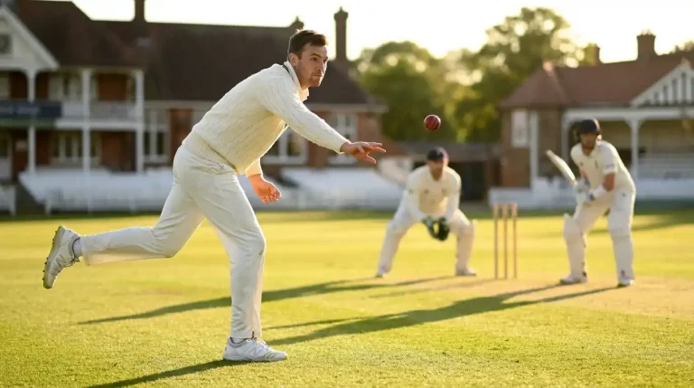 Seam bowler in delivery stride at a Test match with the wicket-keeper crouched behind the stumps and the batter defending