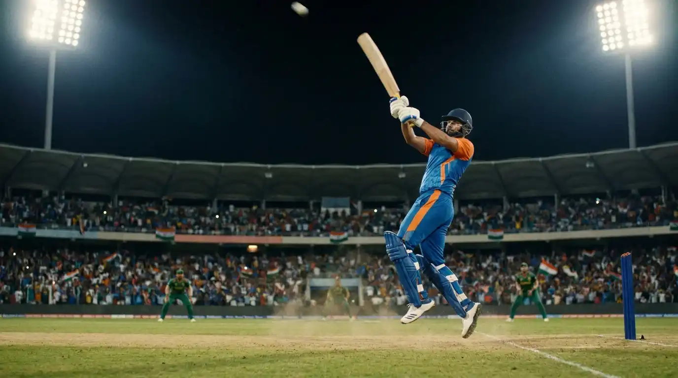 T20 batter playing an aggressive lofted shot over the infield during a powerplay phase under floodlights