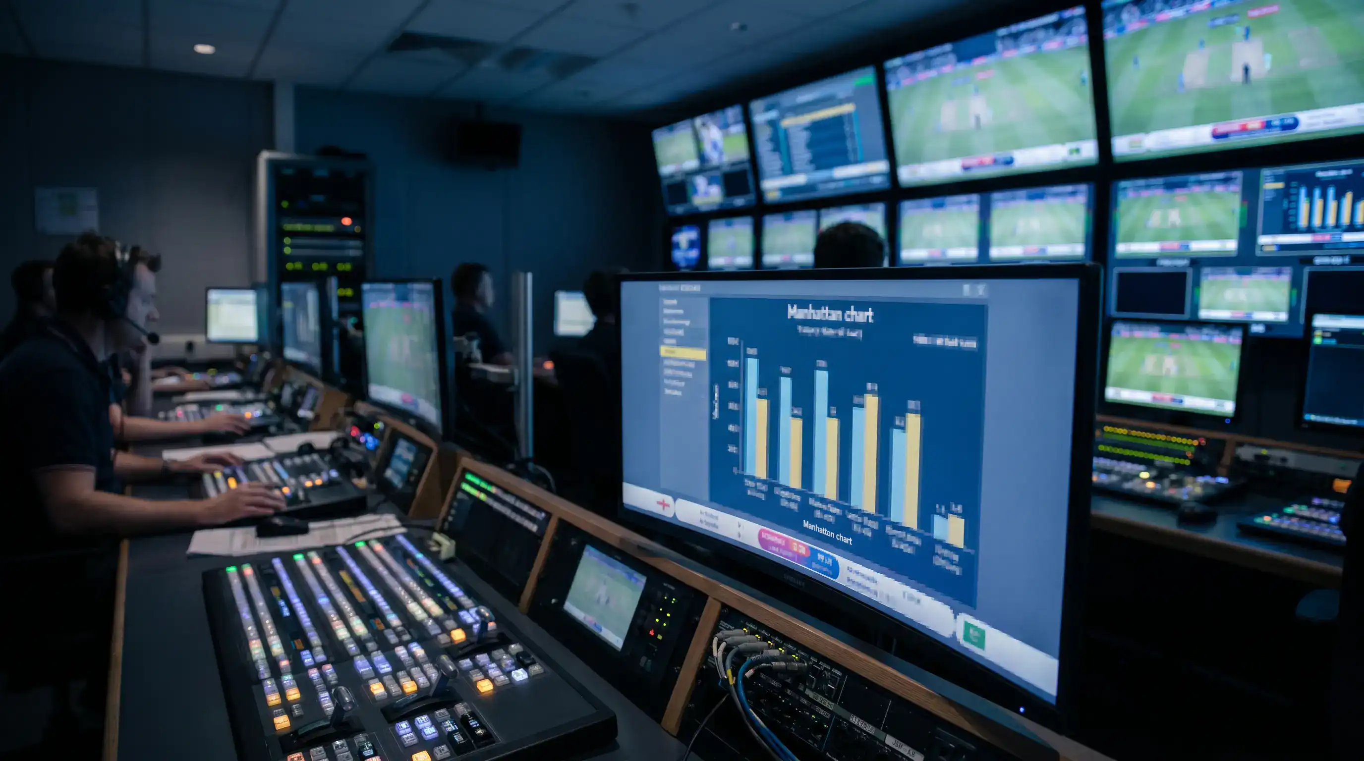 Broadcast control room with a Manhattan graphic being prepared on a producer's screen during a live cricket innings