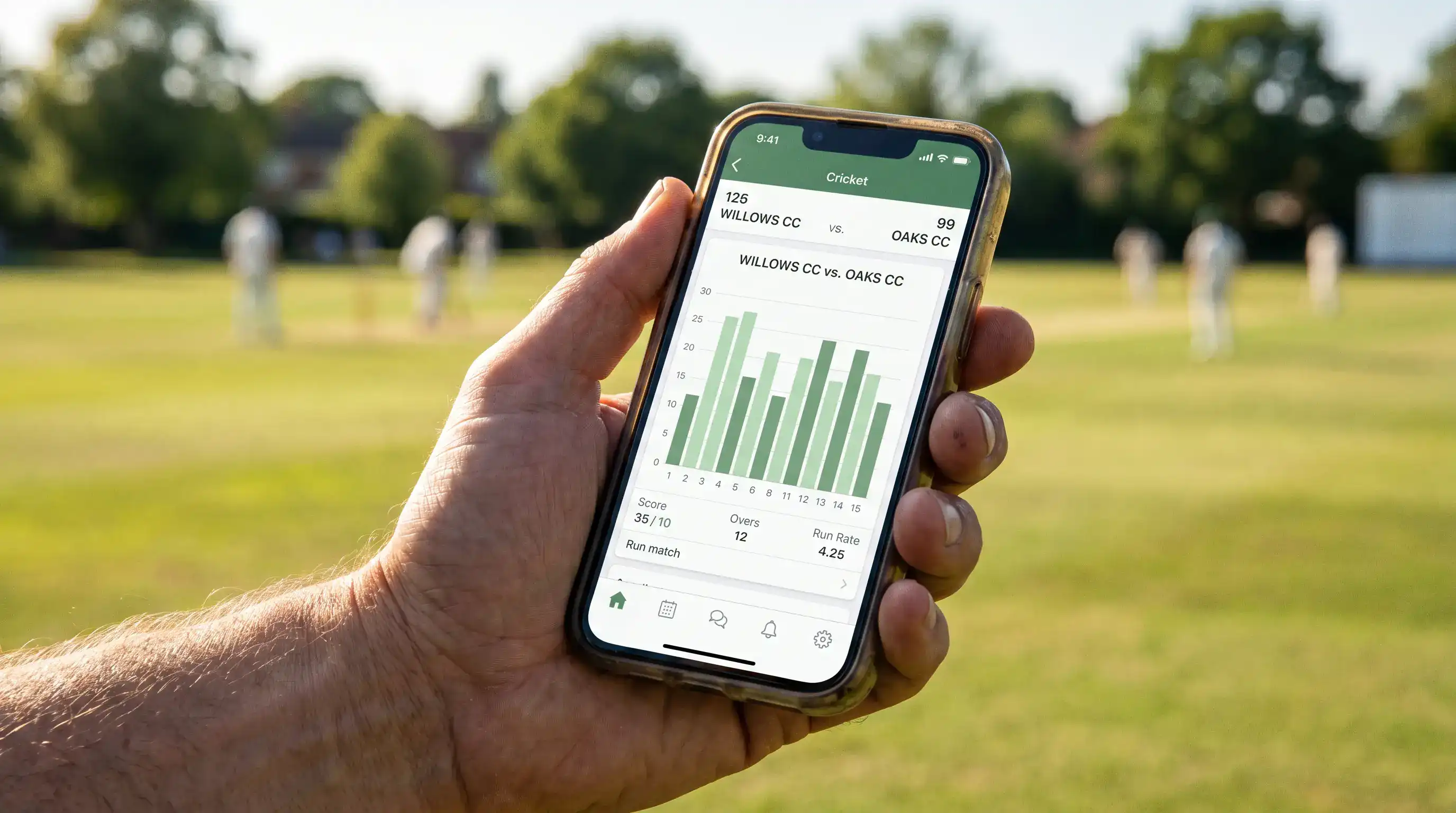 Mobile phone showing a club cricket app with a Manhattan-style chart for an amateur Saturday match