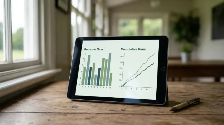 Cricket scorecard tablet showing a Manhattan bar chart and a worm line graph side by side during a one-day match