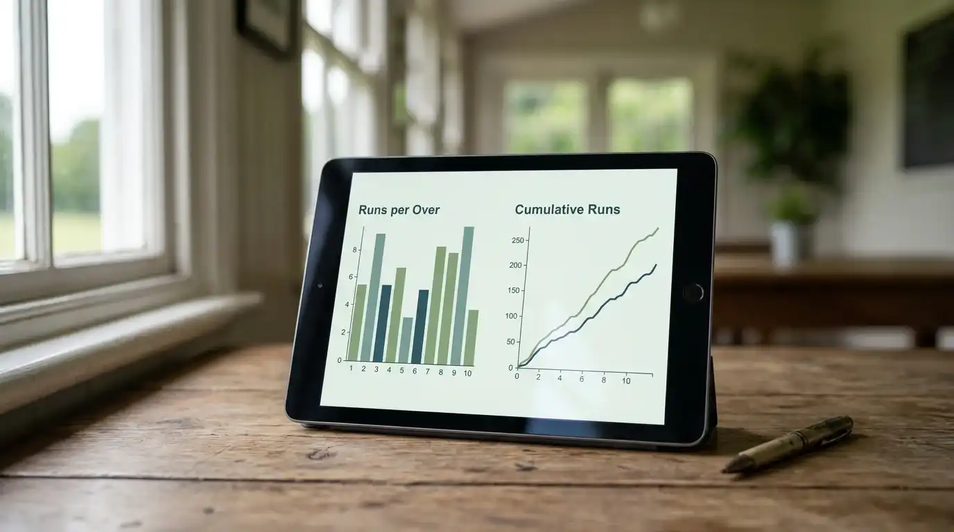 Cricket scorecard tablet showing a Manhattan bar chart and a worm line graph side by side during a one-day match