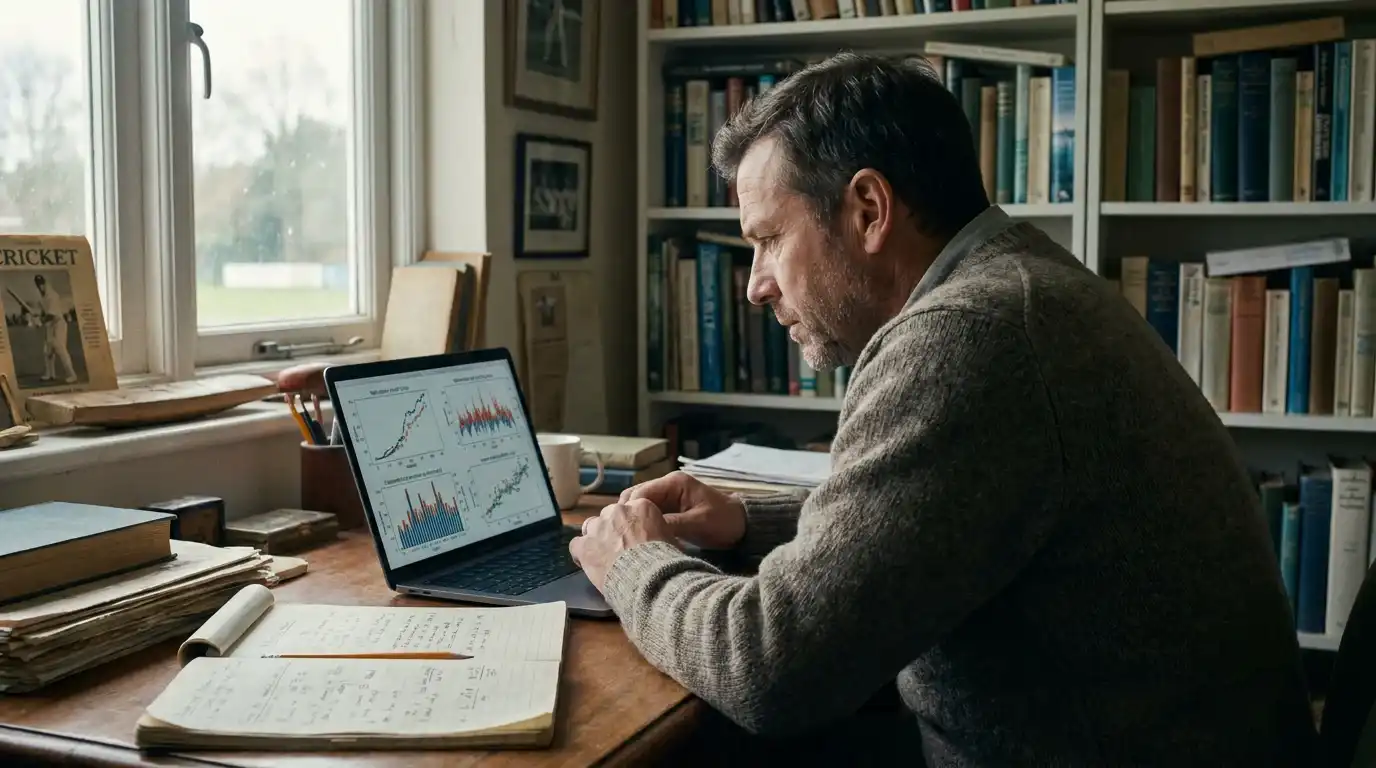 Cricket analyst working at a laptop in a pavilion with both Manhattan and worm charts visible on the screen