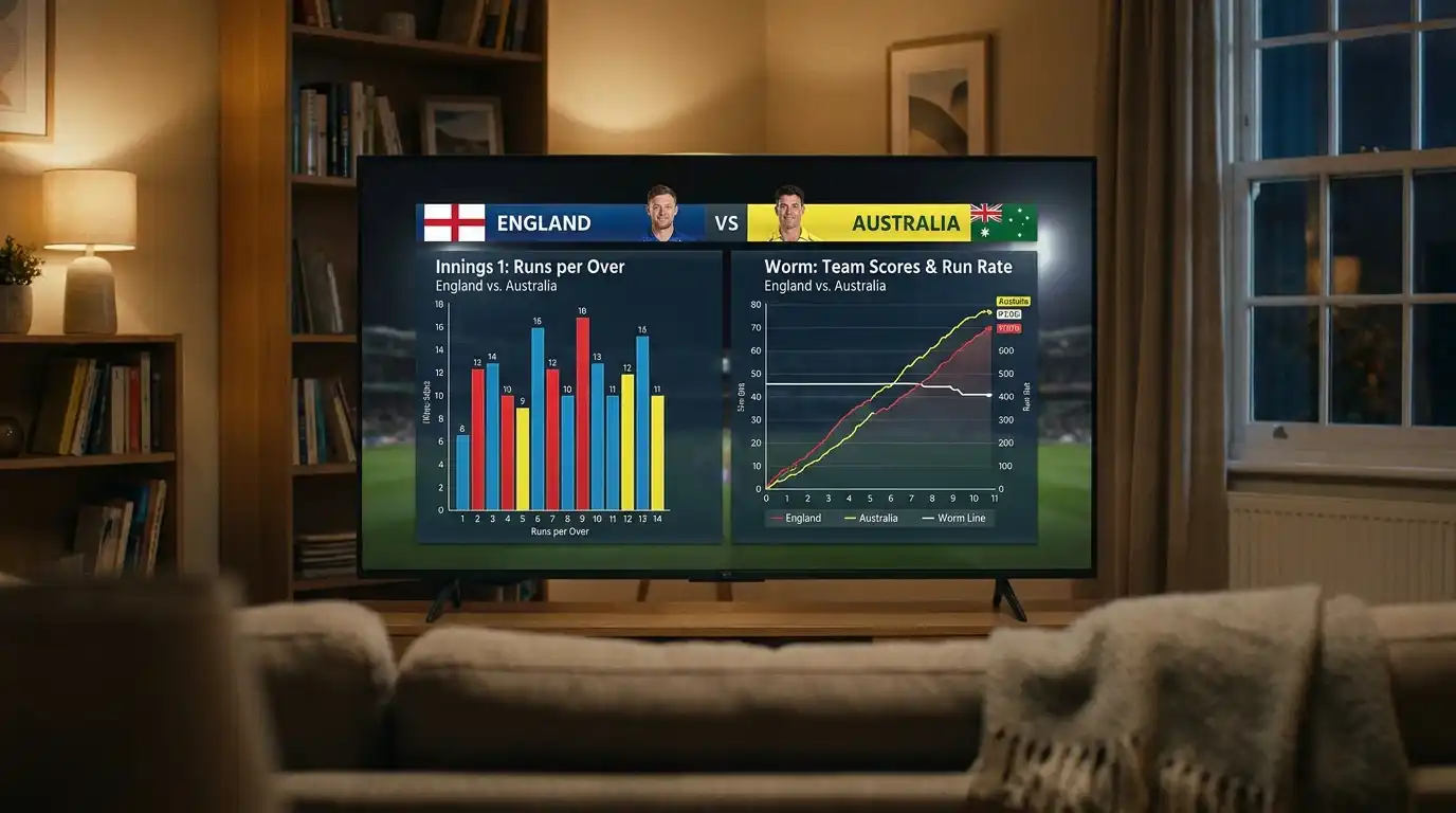 Television showing cricket Manhattan and worm charts side by side during an innings break analysis on a broadcast