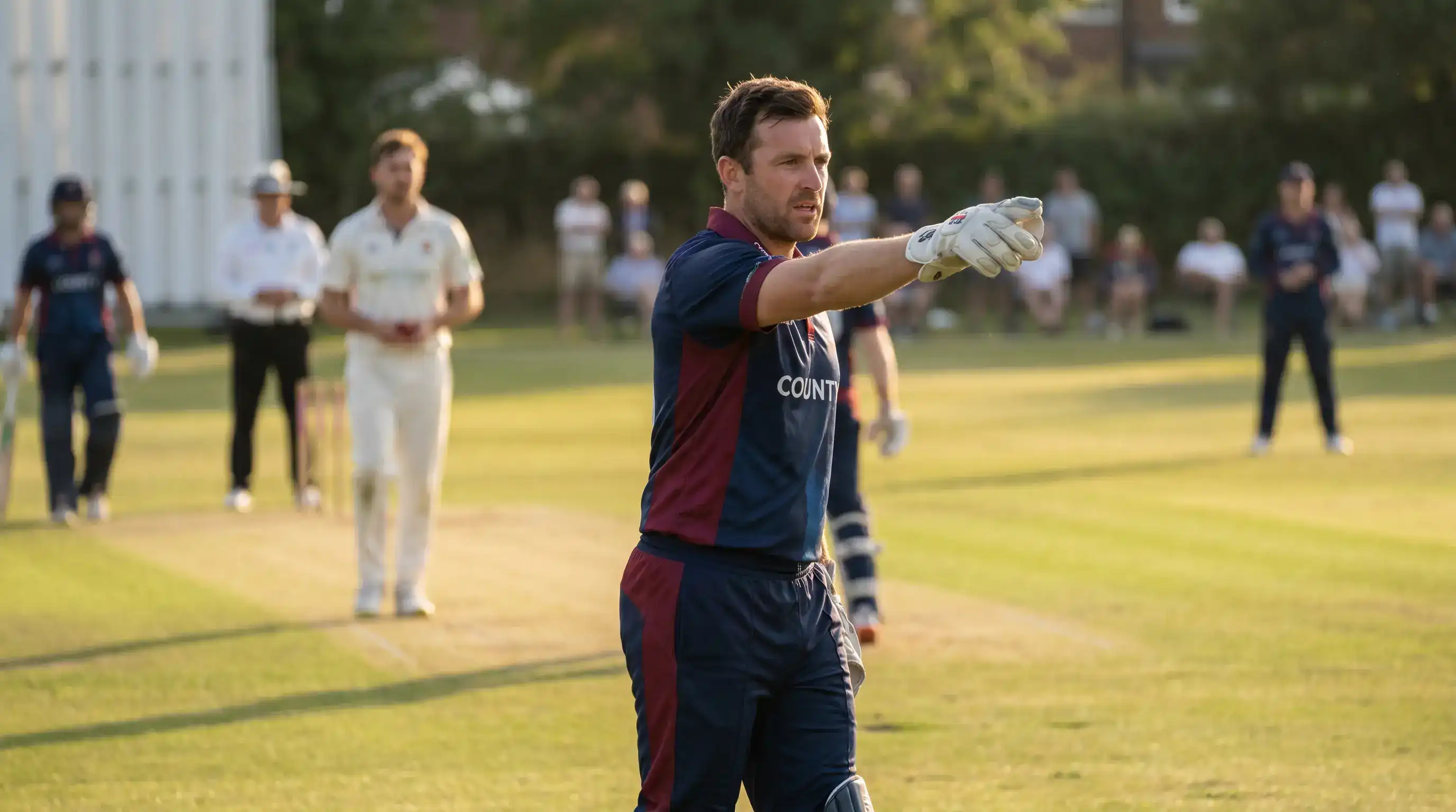 County cricket captain setting a fielding arrangement during the middle overs of a One-Day Cup match