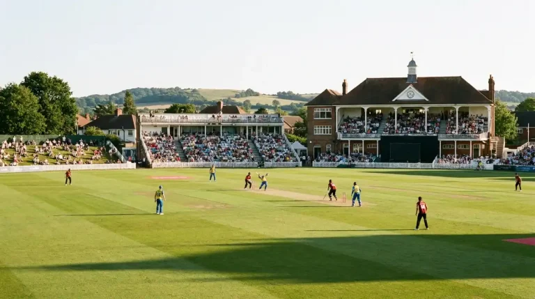 One-Day Cup match at a smaller English county ground with players in white-ball kit and a partially filled stand