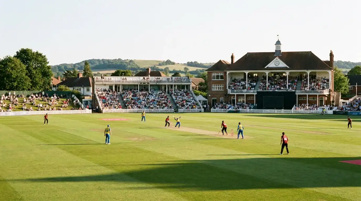 One-Day Cup match at a smaller English county ground with players in white-ball kit and a partially filled stand