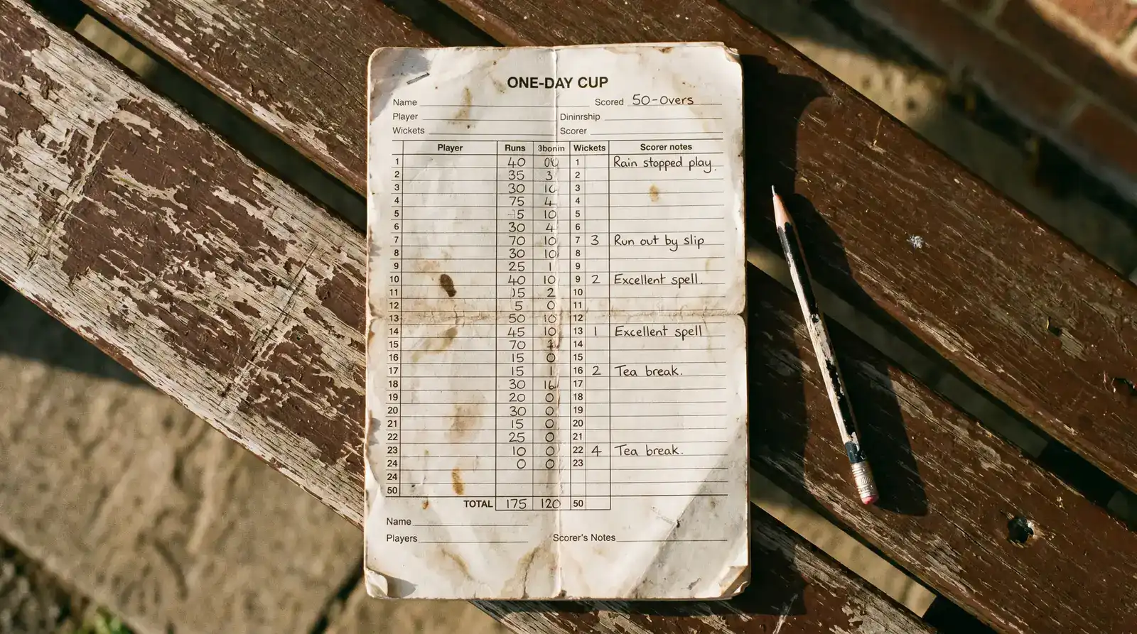 Paper One-Day Cup scorecard on a wooden bench showing the full 50-over innings details with handwritten scorer notes