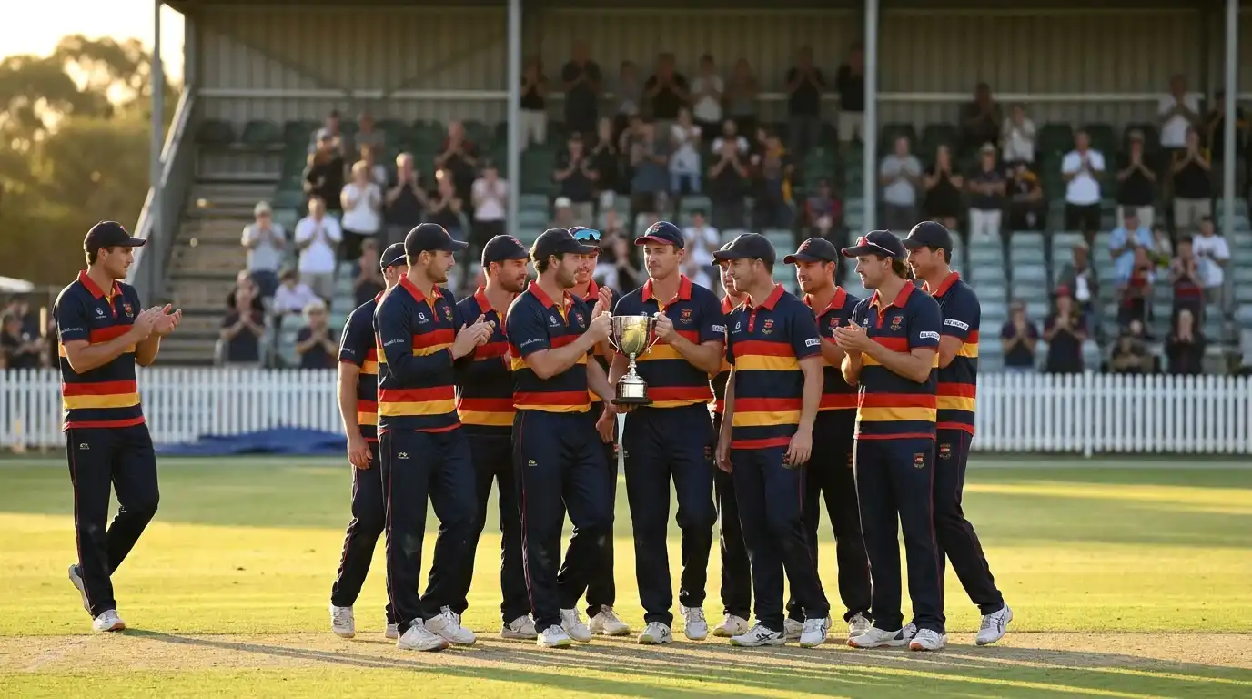 County one-day side celebrating with a trophy on the outfield after winning the Cup final under warm evening light