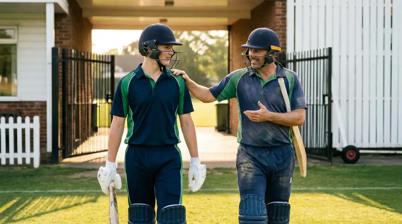 Young county cricketer in coloured one-day kit walking out to bat with the senior batter offering reassuring instructions