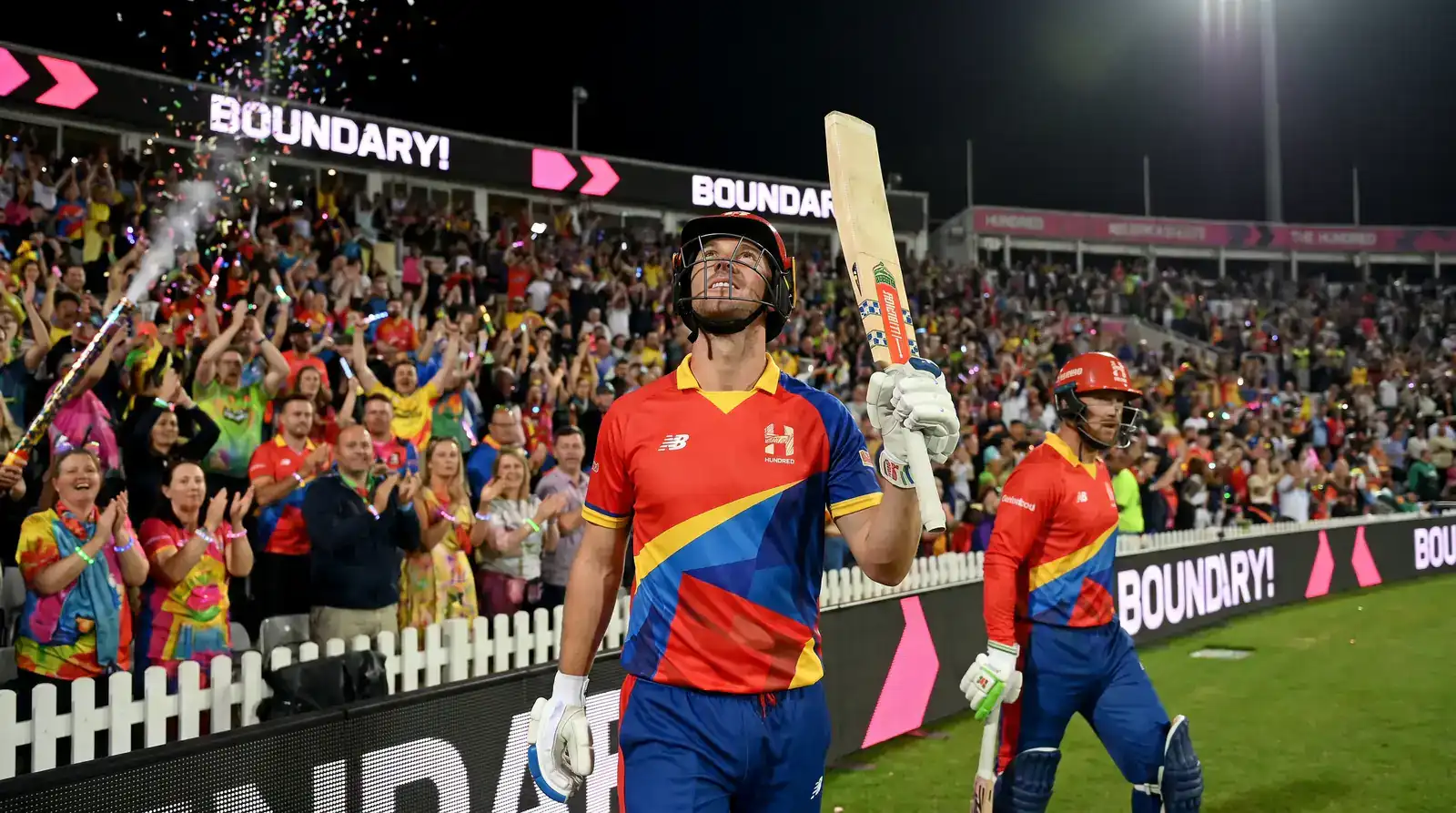The Hundred match in progress with a batter looking up after a boundary during the early restriction phase