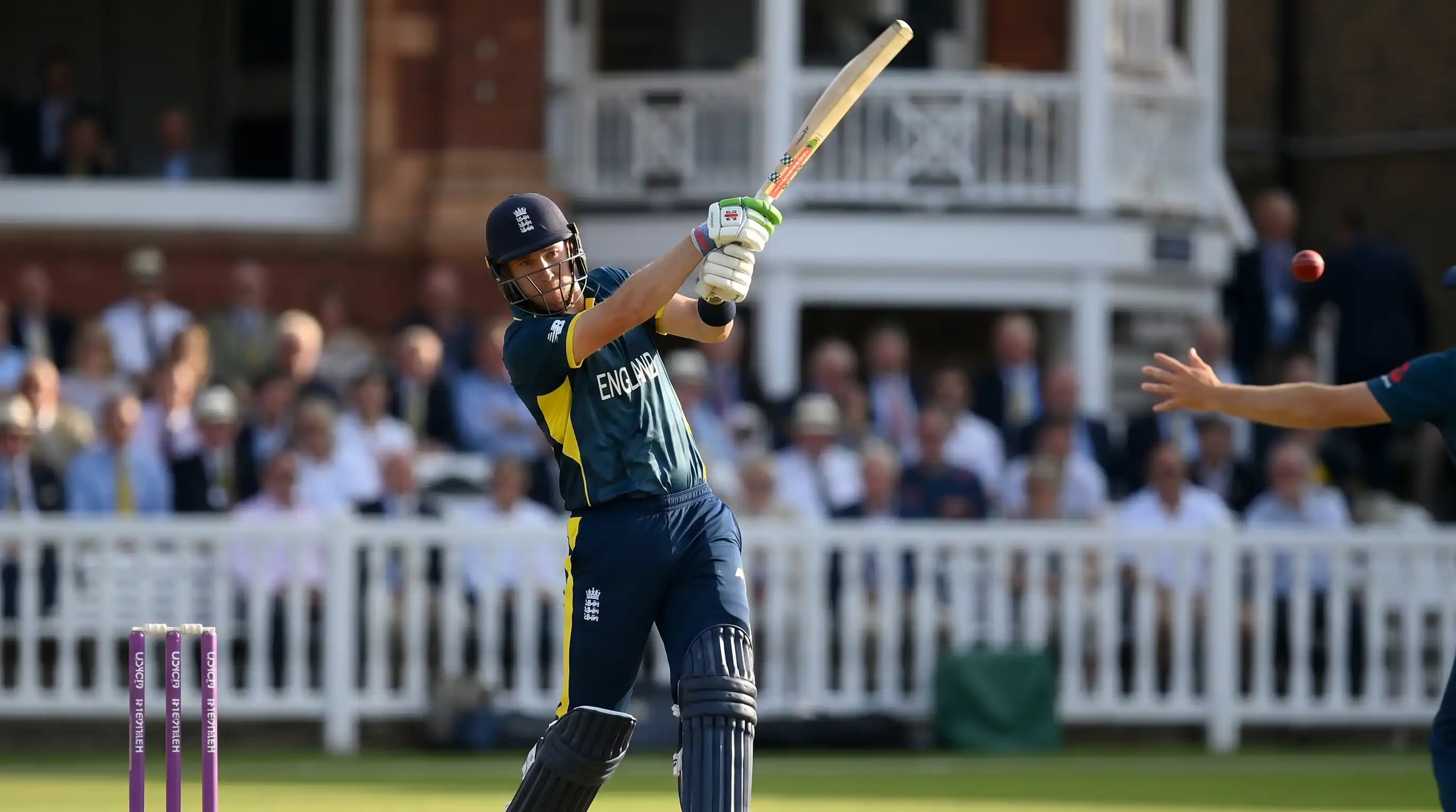 ODI batter playing a textbook cover drive during the opening powerplay phase under afternoon sun