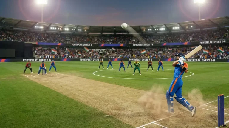 T20 match in progress during the powerplay with most fielders inside the thirty-yard circle and a batter playing a lofted drive