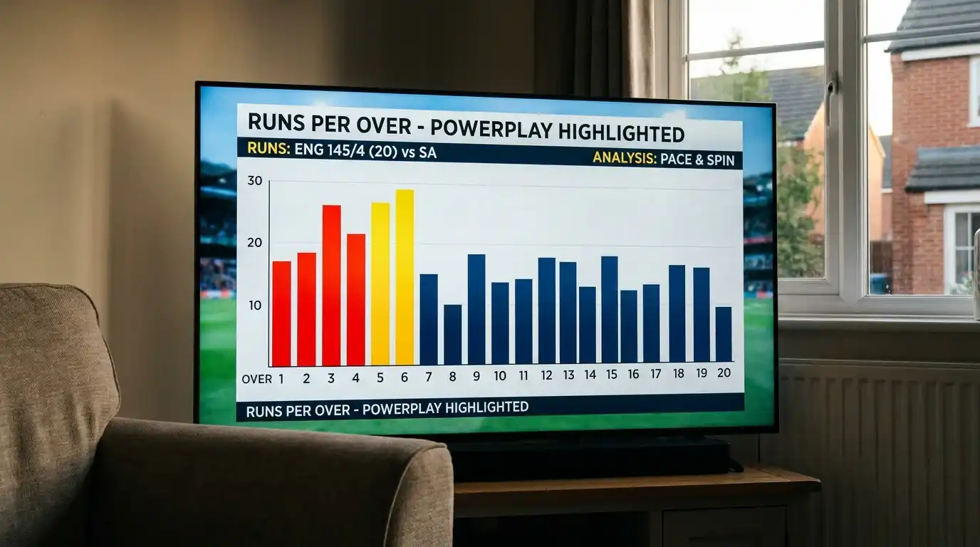 Television showing a cricket broadcast with a powerplay over-by-over scoring graphic during an innings break