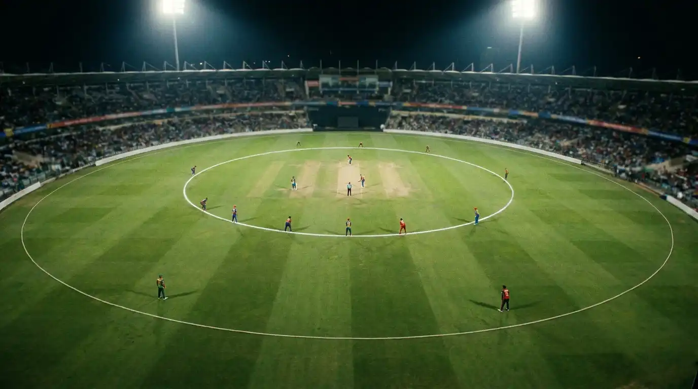 Aerial-style view of a cricket ground showing fielders positioned inside the 30-yard circle with only two outside during the powerplay
