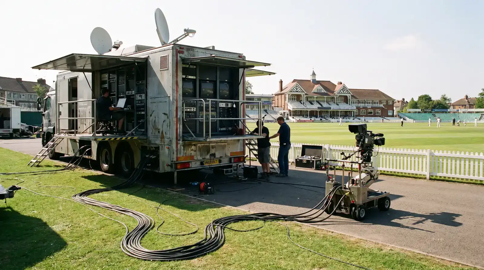 Television production truck at the back of an English cricket ground with cables and cameras visible for a major broadcast