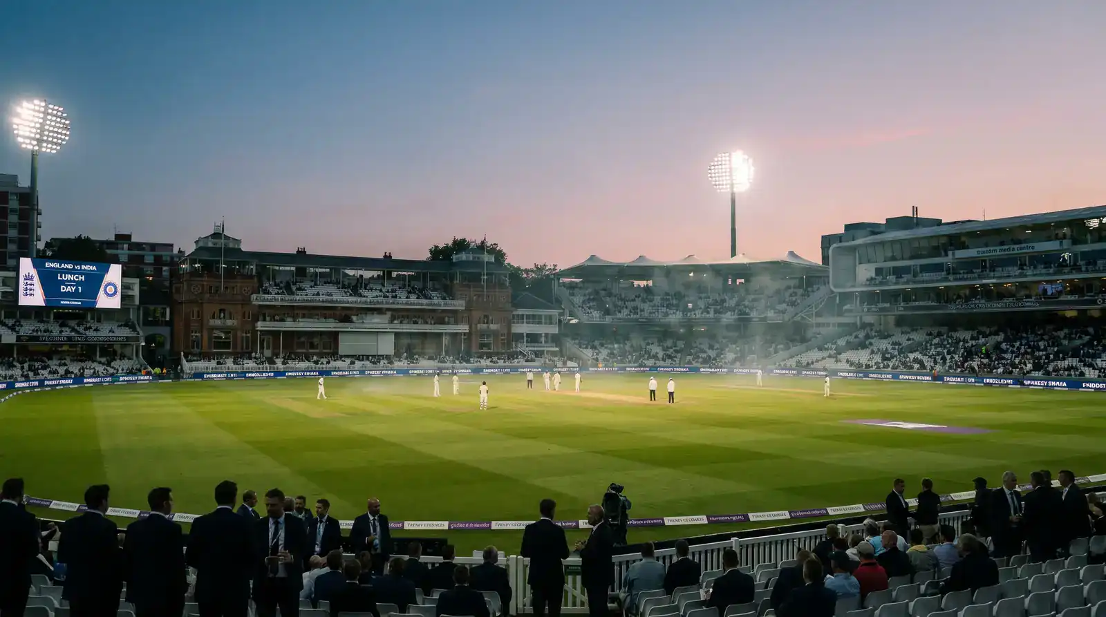 Twilight view of an English cricket ground with floodlights coming on representing the modern commercial era of the game