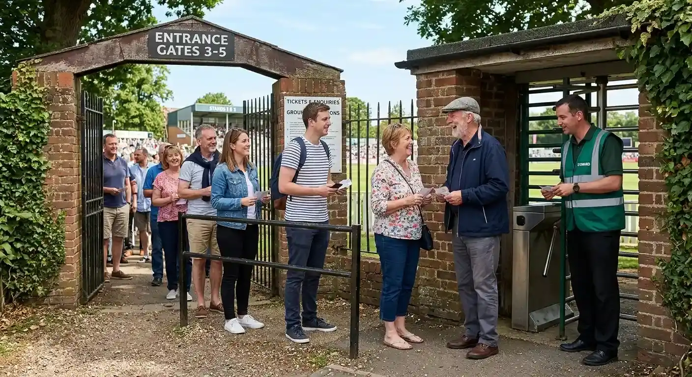 Cricket spectators queueing politely at the entrance gates of an English ground holding paper tickets