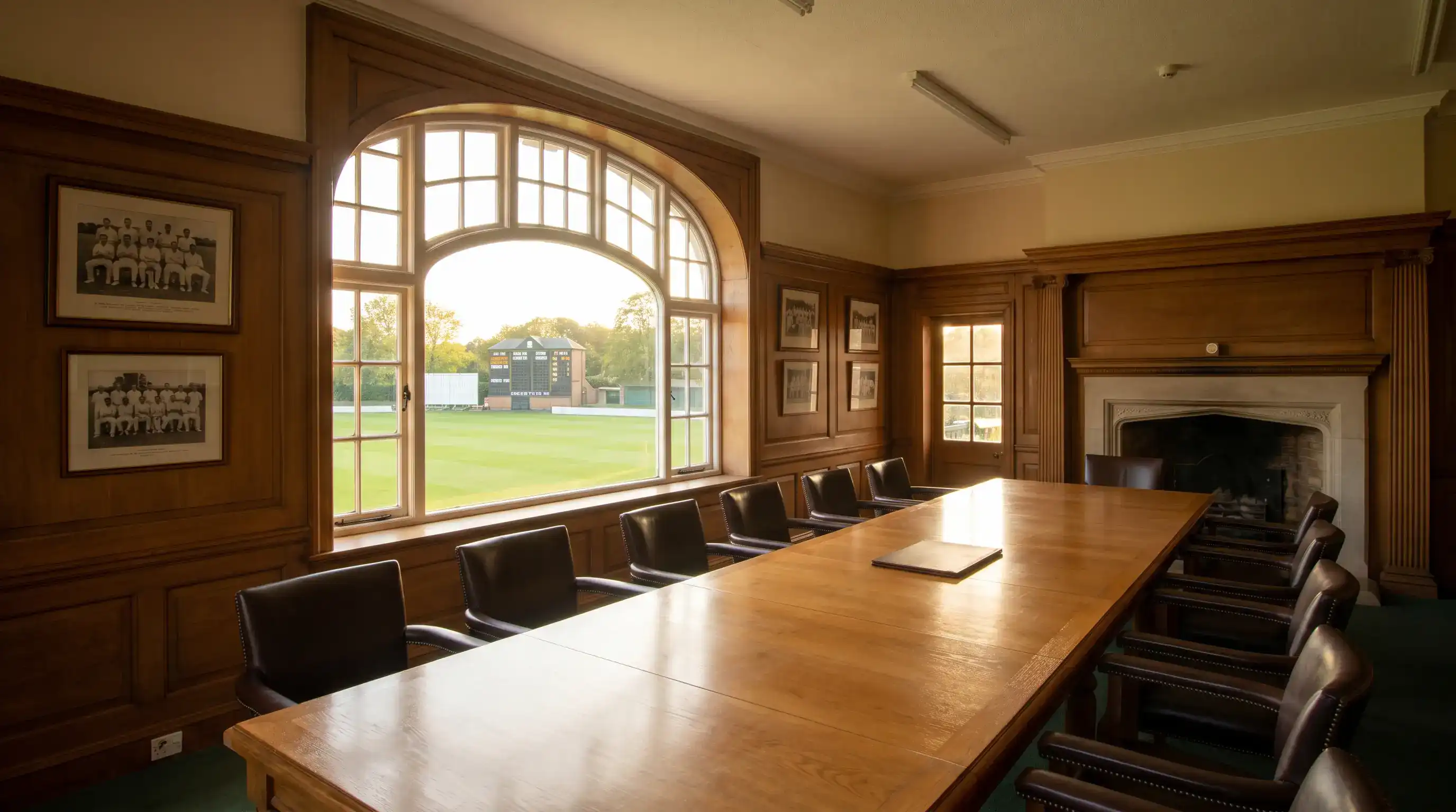 English cricket pavilion meeting room with a long table and chairs in soft afternoon light evoking a business discussion