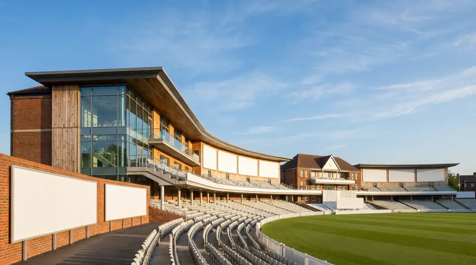 Modern English cricket stadium exterior with empty advertising spaces around the perimeter on a bright morning