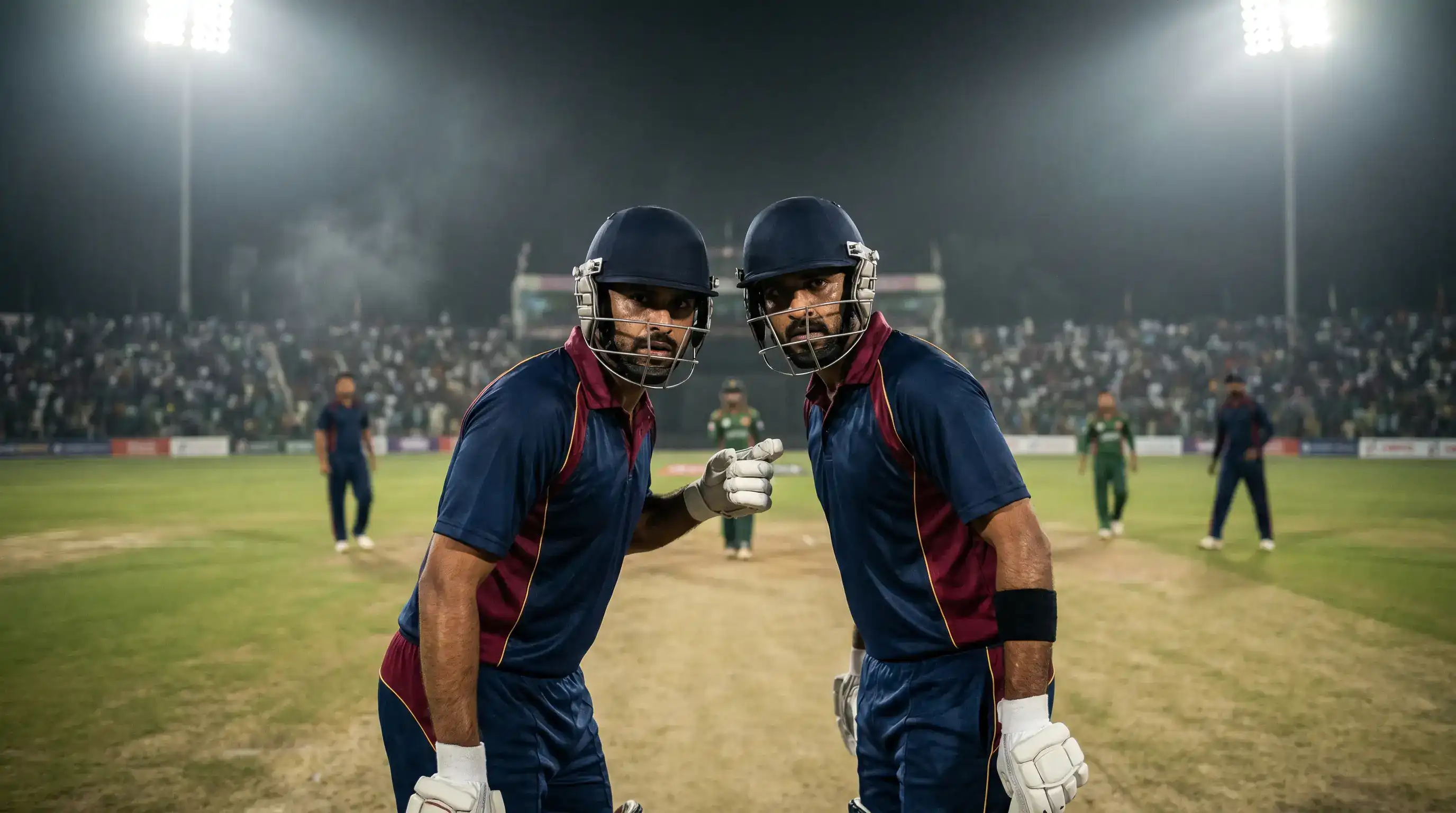 Cricket captain and batter in mid-pitch conversation between overs during a tight chase under floodlights