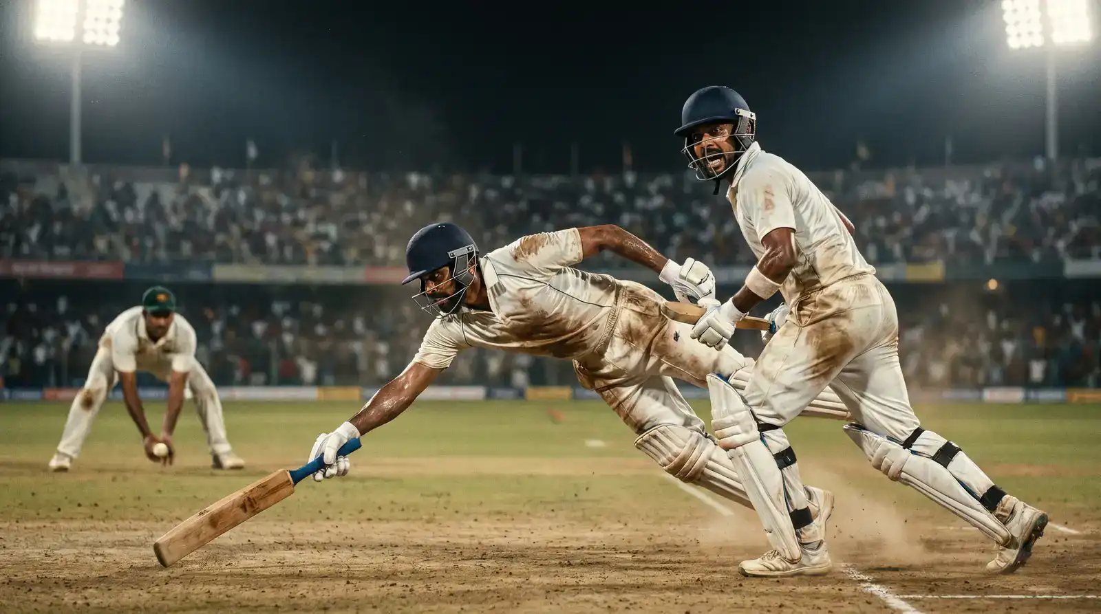 Two ODI batters running hard between the wickets during a tight chase with the fielder retrieving the ball in the deep