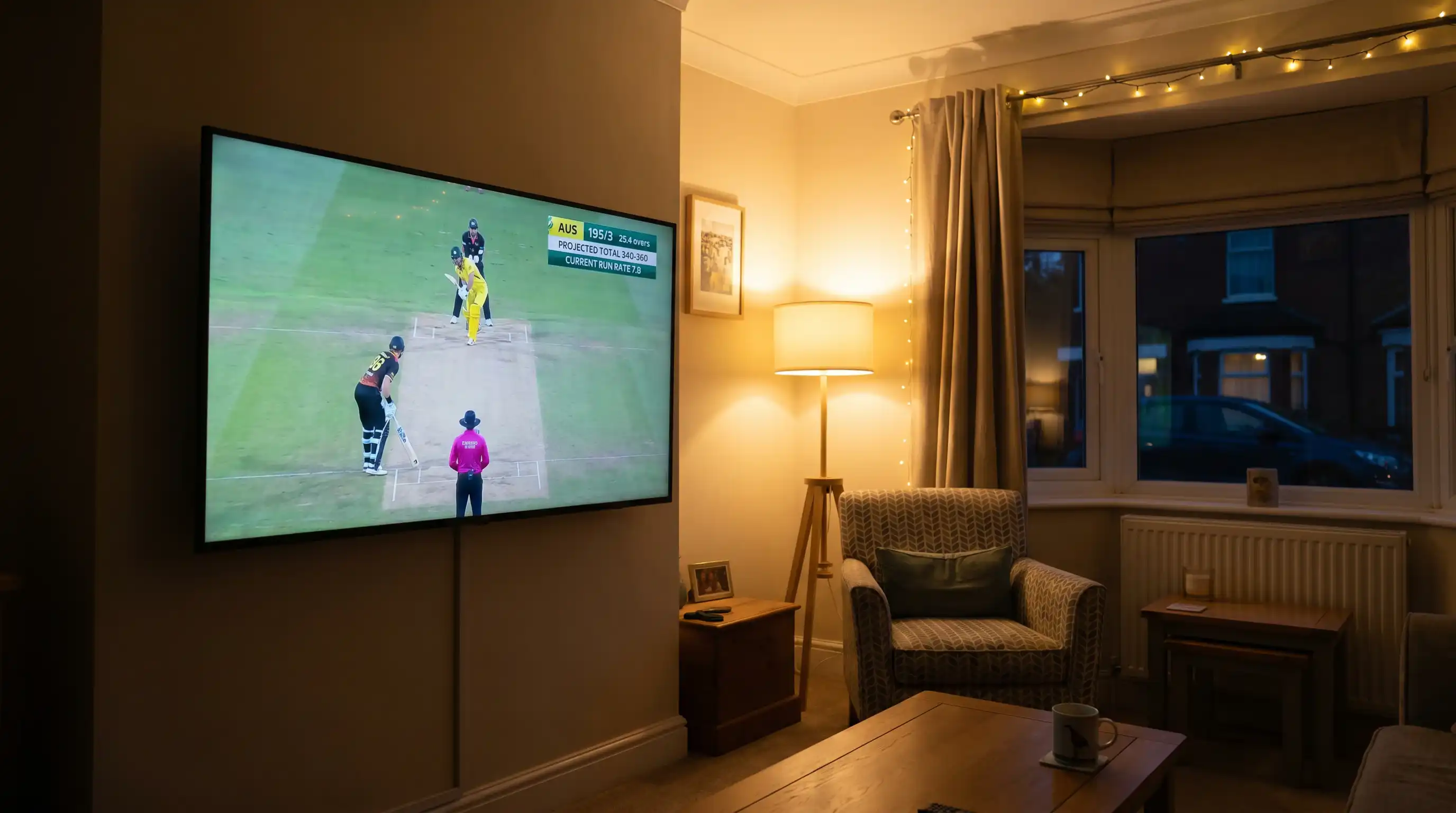 Television showing a cricket projected total graphic during an innings overlay alongside the current run rate